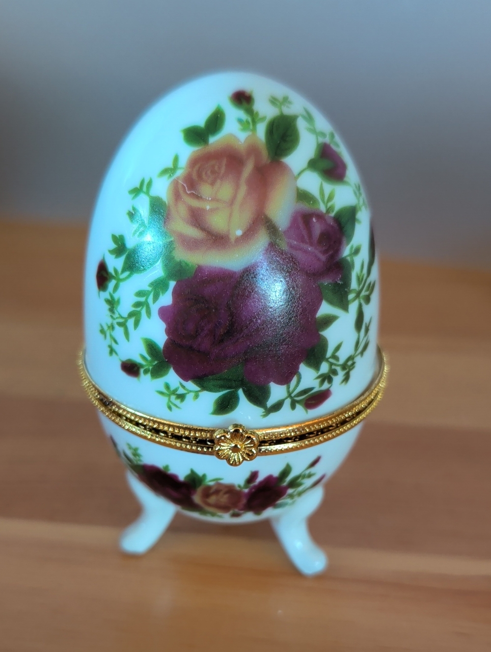 Floral Porcelain Egg Trinket Box with Gold Trim